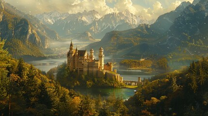 Fantasy castle with mountain backdrop