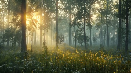 Misty sunrise in a wildflower forest