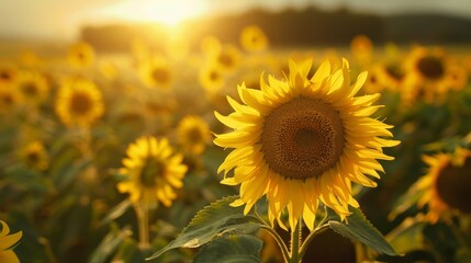 Sunlit sunflower field at sunset