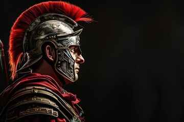 Obraz premium Roman legionary soldier in red armor and helmet over black background