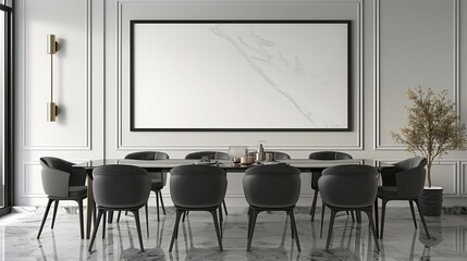 A modern dining area with a sleek table and chairs, featuring an empty mockup frame on the wall for a touch of personal style.