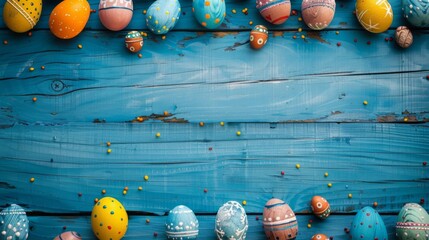 Easter Eggs Over Blue Wooden Background - Powered by Adobe