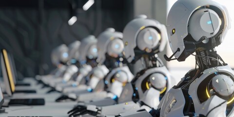  Row of robots in call center working as operators answering customer calls