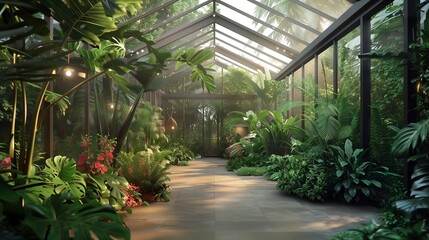 A modern greenhouse conservatory with glass walls, skylights, and a variety of exotic plants, creating a lush and vibrant indoor garden oasis.
