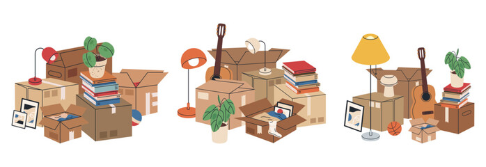 Cardboard boxes full of moving stuff. Carton boxes with books and clothes, stacked carton boxes flat vector illustration set. New house moving boxes
