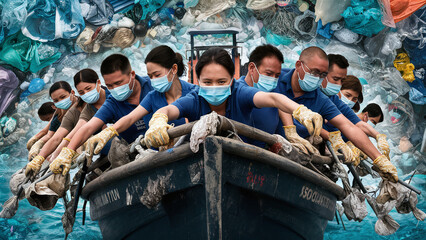 people cleaning the plastic waste polluted water, on a boat, save the planet, illustration