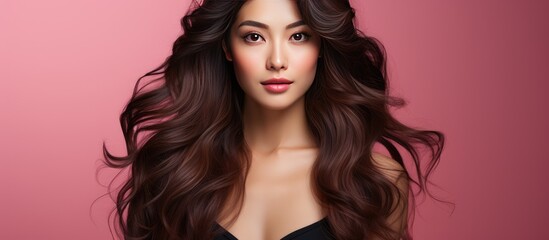 Beautiful young Asian woman with beautiful long hair and perfect skin on an isolated pink background