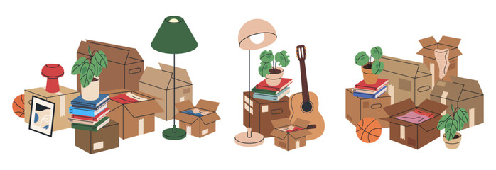 Home moving boxes. Cardboard boxes with moving stuff, stacked cargo moving boxes with clothes, pot plants and books flat vector illustration set. Carton moving boxes