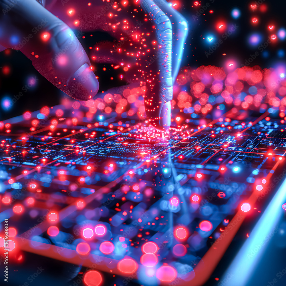 Poster a hand is pointing at a glowing screen with a red and blue background. concept of excitement and won