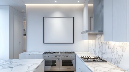 A modern kitchen with sleek white cabinets and marble countertops, featuring an empty frame above the stove for culinary inspiration.