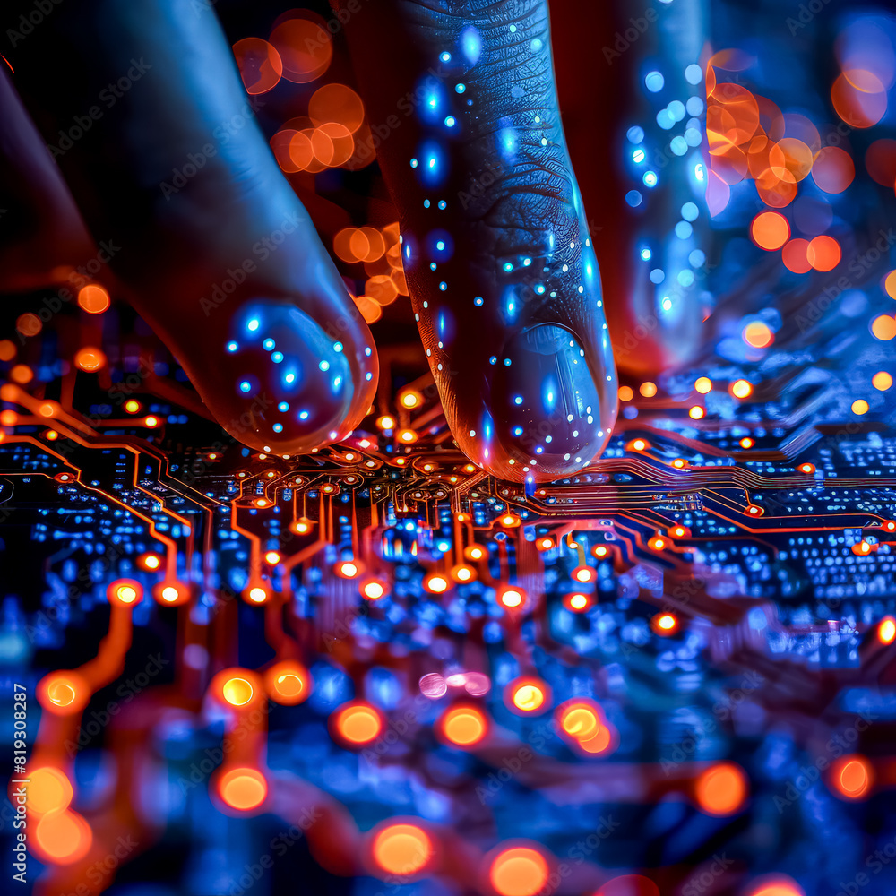 Poster a hand is touching a circuit board with a blue background. concept of curiosity and exploration, as 