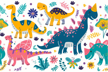 Seamless pattern of cute colorful dinosaurs with floral and geometric elements set vector icon, white background, black colour icon