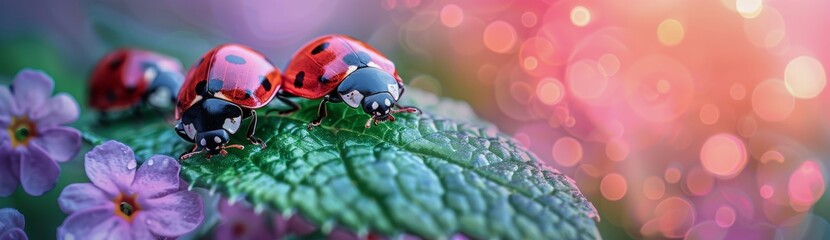 Fototapeta premium Two Ladybugs Sitting on a Green Leaf