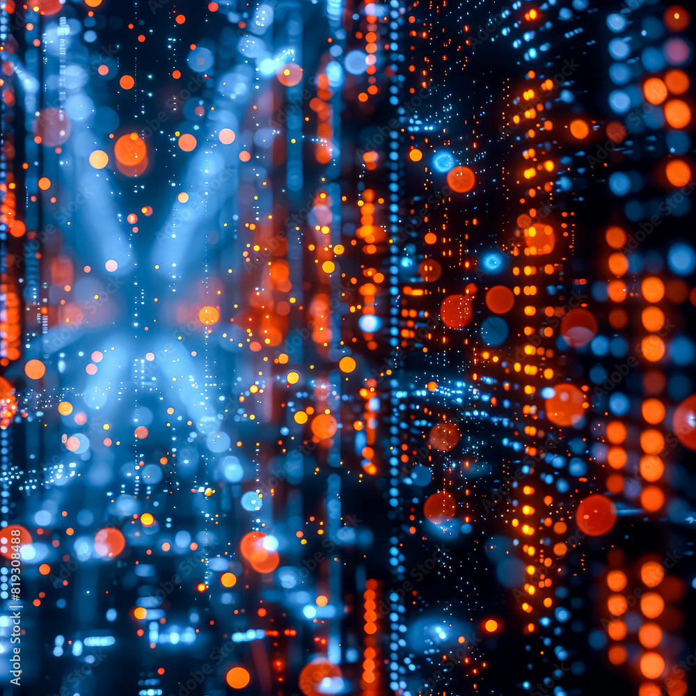 Poster a computer generated image of a cityscape with bright blue and orange lights. the image is full of d