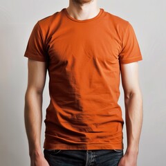 Rust t-shirt with a round neckline, solid color, white background