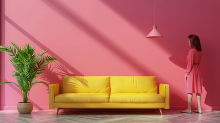 Woman Standing in Front of Pink Wall With Yellow Couch