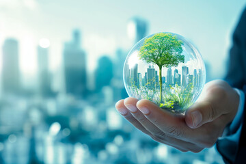 business mans hand holding glass sphere with green tree and cityscape behind, green energy, environment protection, unsharp blue city background, photorealistic // ai-generated 