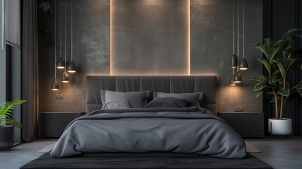 A modern sanctuary with a charcoal upholstered headboard and sleek, black pendant lights.