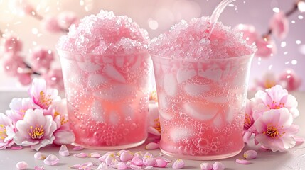   A zoomed-in image of two glasses containing pink liquid, surrounded by pink blossoms, with a straw protruding from the top
