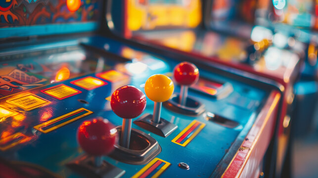 Close-up of classic arcade game consoles Capturing the colorful buttons and joysticks of retro arcade machines, evoking memories of gaming arcades