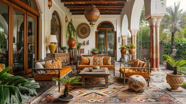 A Moroccan-inspired patio with mosaic tile flooring, intricately carved wood furniture, and vibrant silk cushions creating an exotic outdoor lounge space.