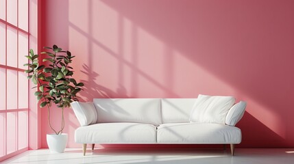 White Couch in Front of Pink Wall