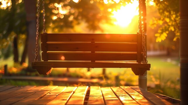 A porch swing gently swaying in the breeze under a golden sunset.