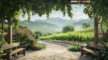 A quaint vineyard patio with wooden benches set against rolling hills blanketed in grapevines.