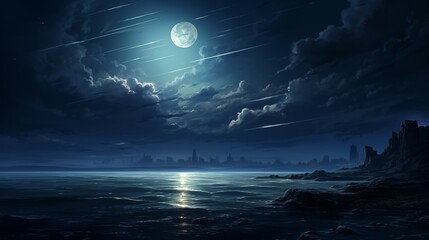 A serene moonlit night with a distant city silhouette reflected on the calm sea under a cloudy sky.