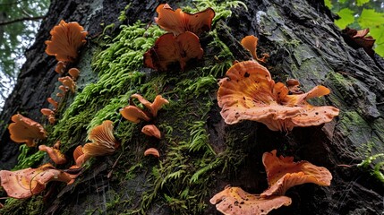   A cluster of fungi thriving on tree trunk bark in a woodland with mossy foliage