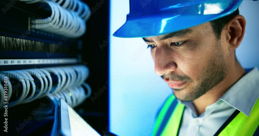 Fototapete Data center, engineer and man with computer server for programming, coding and information technology. Cybersecurity, IT and technician with tablet for inspection, maintenance and software backup