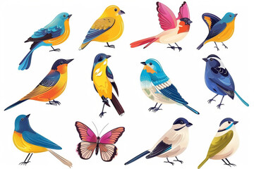 Set of colorful birds and butterflies isolated on white background. set vector icon, white background, black colour icon