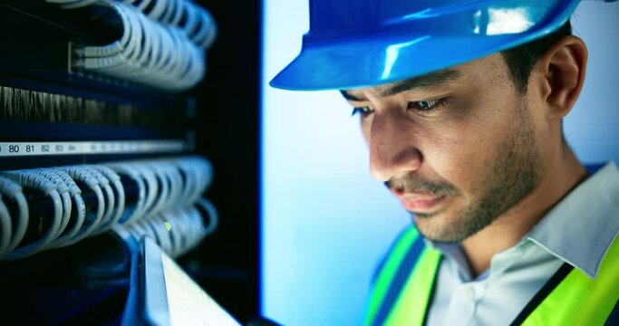 Data center, engineer and man with computer server for programming, coding and information technology. Cybersecurity, IT and technician with tablet for inspection, maintenance and software backup
