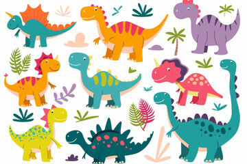 Set of cute funny dinosaurs riding skateboard, scooter, bike and roller skates. Cartoon cool dino characters and graphic elements for children's design set vector icon