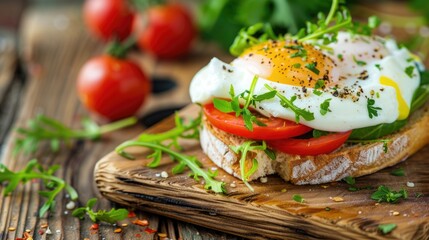 Sandwich with poached eggs, tomatoes and herbs on wooden background