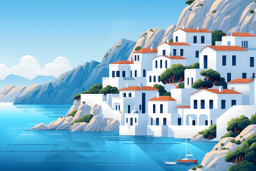 Illustration, white houses by the ocean in cubist style