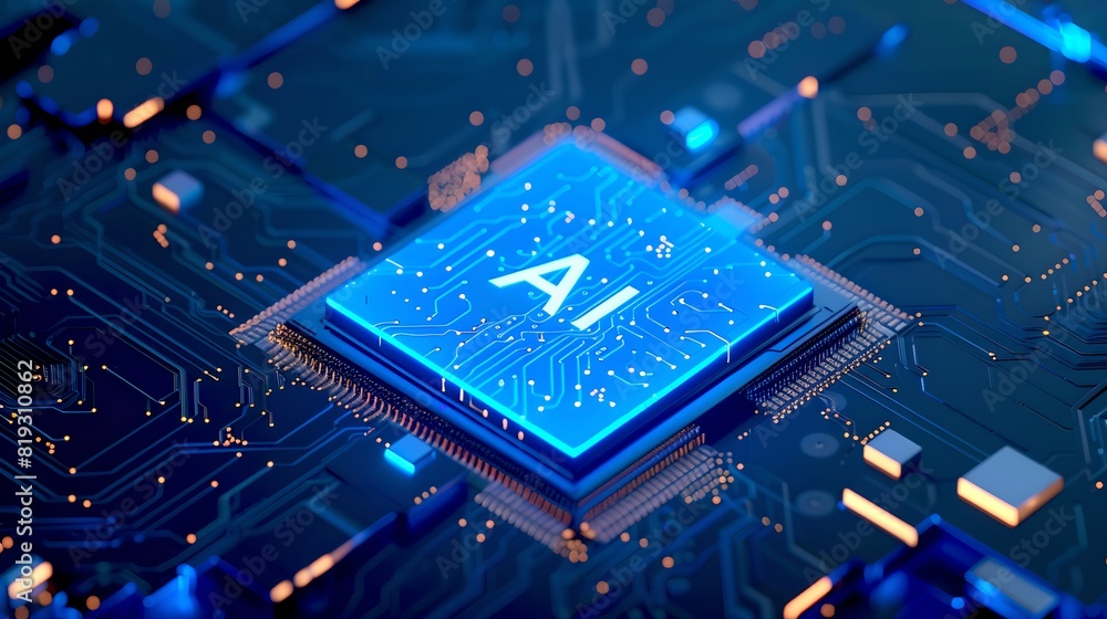 Poster ai-powered chip on a circuit board illuminating future technology. a blue glowing semiconductor for 