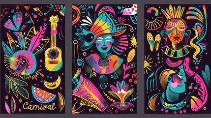 Carnival collection of colorful cards. Music festival