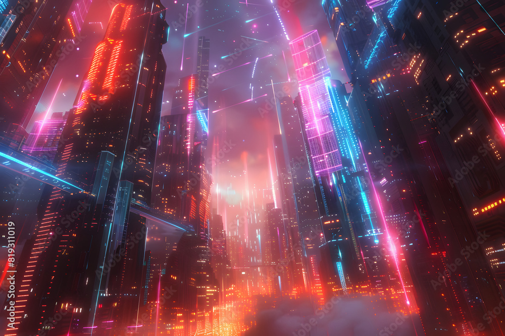 Poster futuristic digital cityscape with vibrant neon lights and dynamic data flow lines, simulating a high