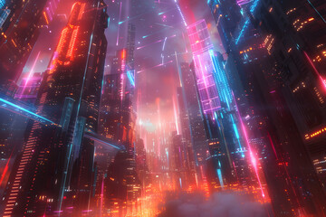 Futuristic digital cityscape with vibrant neon lights and dynamic data flow lines, simulating a high-tech environment.