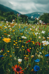 flowers a field of green grass and wildflowers, natural floral symphony, soft light of an overcast sky, mountains in the background, photorealistic // ai-generated 