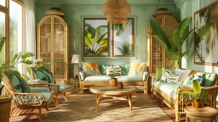A Scandinavian retro tropical living room with bamboo furniture, palm leaf prints, and a relaxed...