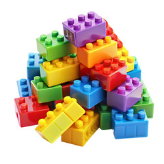 Pile of rainbow color plastic building toy blocks Isolated on transparent background
