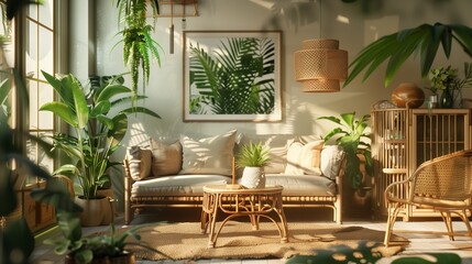 A Scandinavian vintage botanical living room with botanical prints, rattan furniture, and a relaxed atmosphere.