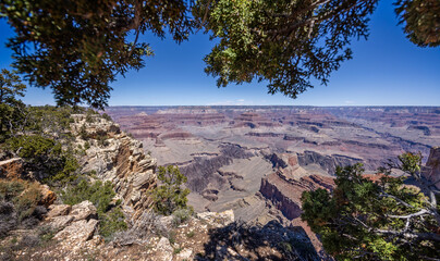 Framed view of the Grand Canyon from Mohave Point on the South Rim, Arizona, USA on 28 April 2024