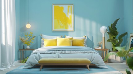 A serene bedroom with light blue walls, adorned with yellow artwork and cushions for a subtle pop of color.