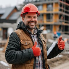 full-length smiling man with a hard hat on a construction site, holding a folder in one hand and showing a thumbs up with the other --style raw --stylize 250 Job ID: 118fa4ee-6fbf-4666-b5f8-fa4a61904f