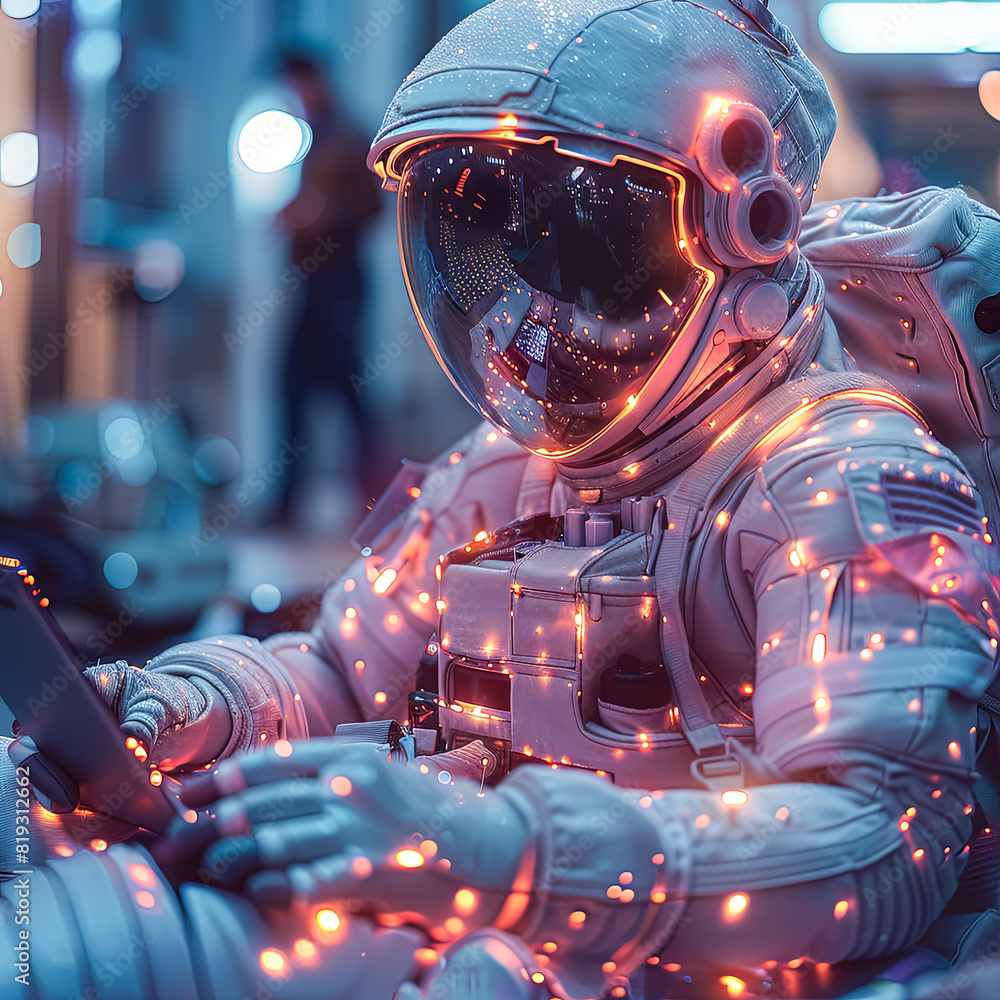 Poster a man in a white spacesuit is sitting in front of a laptop computer. the image has a futuristic and 