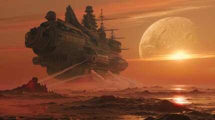  Sci-fi pirate ship sailing to the horizon