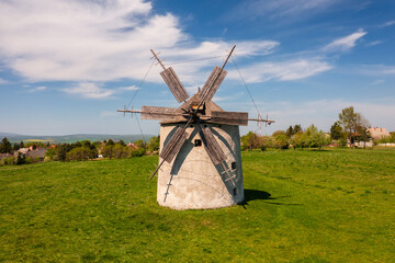 Aerial view about traditional windmill at Tes, Veszprem county, Hungary. Hungarian name is Tesi szelmalmok.
